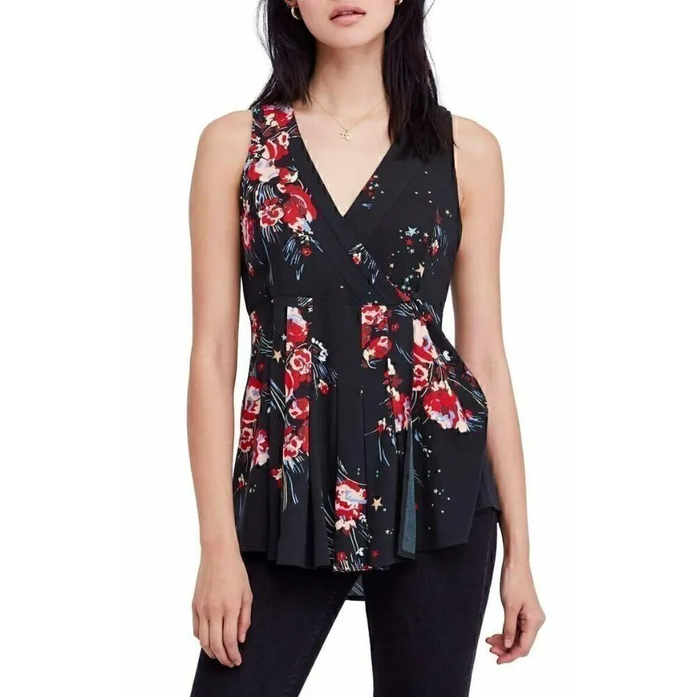 Free‎ People Black Floral Surplice Wrap Blouse Top XS NEW
